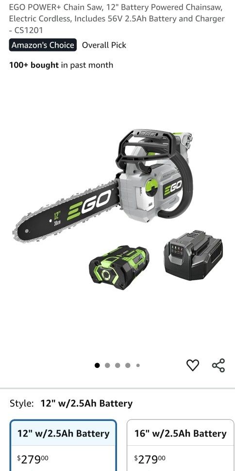 EGO POWER+ Chain Saw, 12" Battery Powered Chainsaw, Electric Cordless, Includes 56V 2.5Ah Battery and Charger - CS1201
