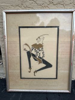 Art Deco Jester Harlequin Drawing Framed Black Gold Signed Portrait Ink Art