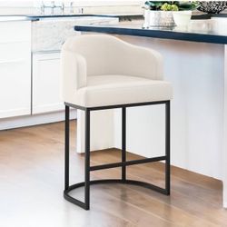 LUE BONA 27" H Counter Height Bar Stools, Modern Counter Stools with Curved Backrest and Arms, Black Metal Frames, Linen Fabric Upholstered Barstools 