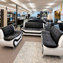 Modern 3 piece faux leather living room sofa and loveseat with chair