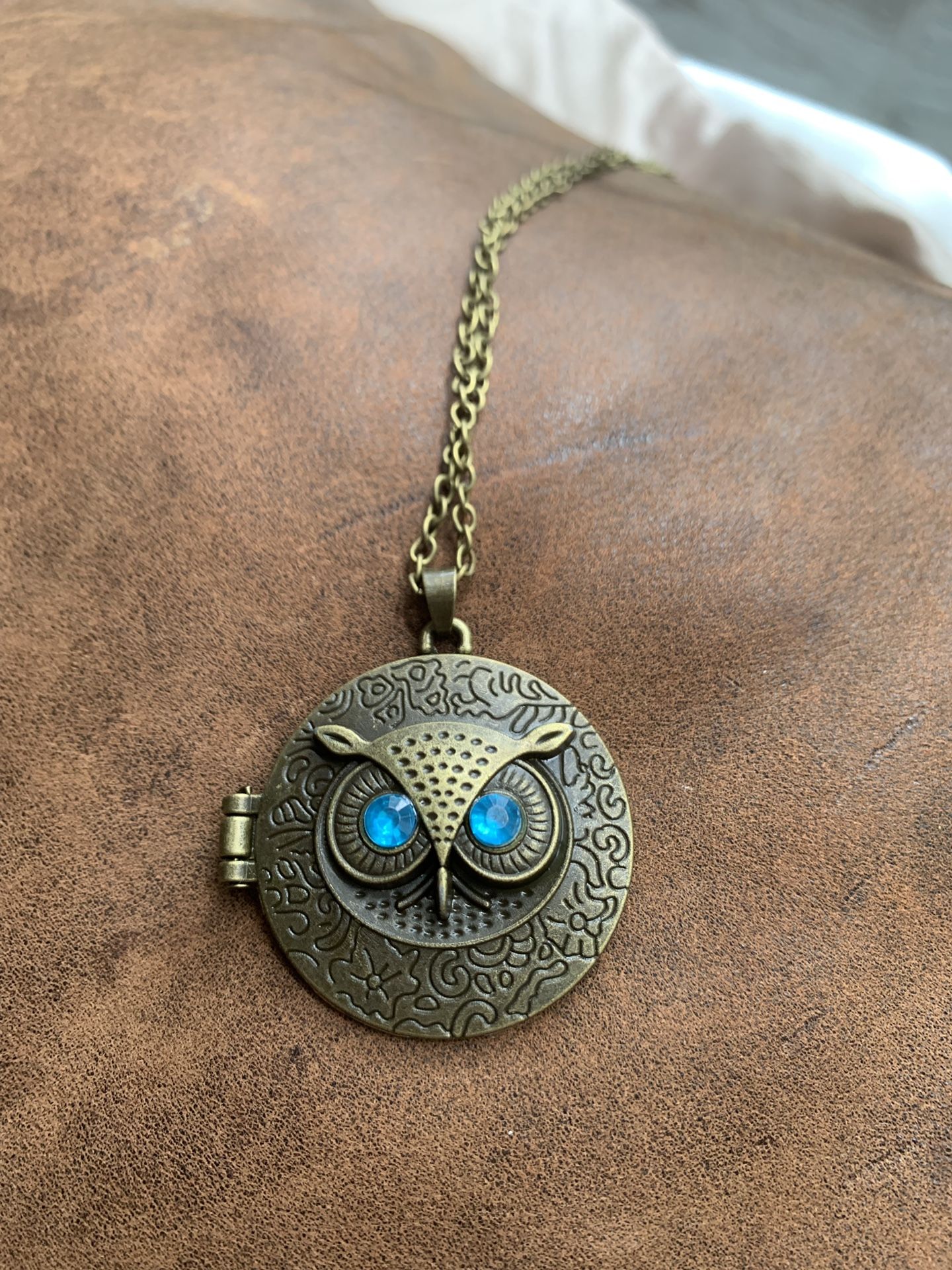 Owl locket necklace blue crystal