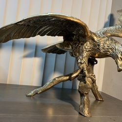 Large Cast Brass Eagle on a Branch Sculpture Vintage Bird Statue 34" Wingspan