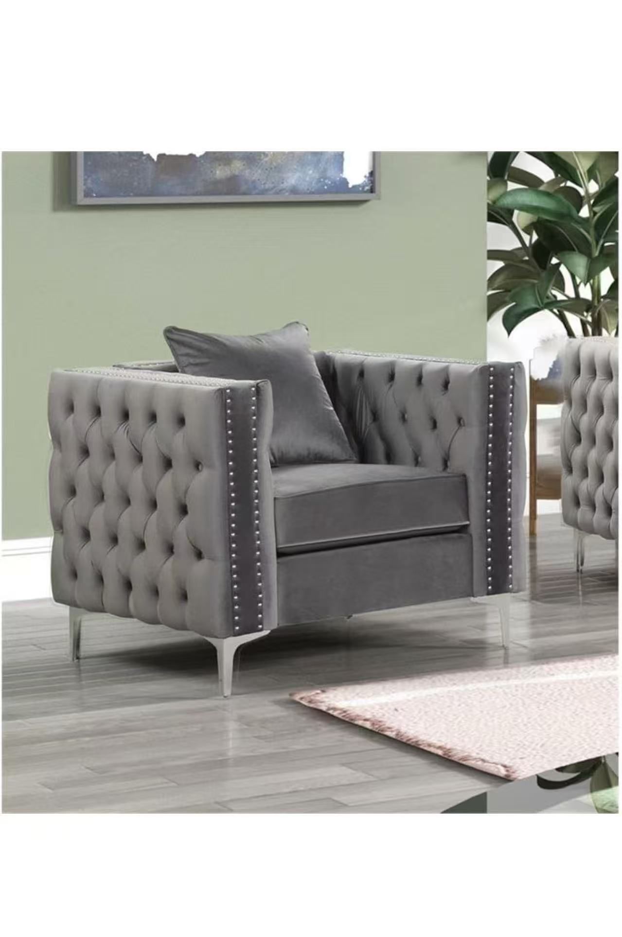 RN Furnishings Chesterfield 40" Button Tufted Velvet Contemporary Armchair-Gray $190