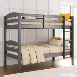 Better Homes & Gardens Leighton Solid Wood Twin-over-Twin Convertible Bunk Bed, Gray, New In Box