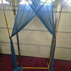 6.25 ft  Backdrop Stand, Wedding Flower Square Arch Stand for Birthday Party Decorations (Gold)
 With dusty blue drape