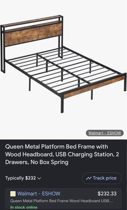 Queen Metal Platform Bed Frame with Wood Headboard