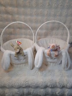 Deluxe Easter / Spring Plush Basket Starter Set - Twin Baskets with Vintage Ty Knuckles & Nibbly