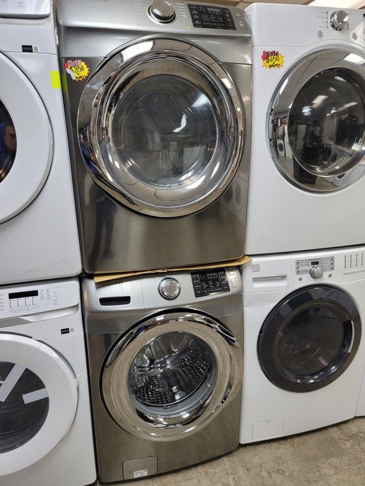Samsung Front Loading Washer And Stackable Gas Dryer Set In Platnum Stainless Steel