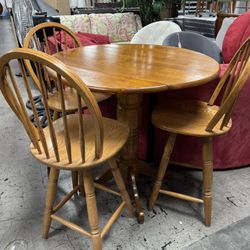 Pub Dining Set, Pedestal Table With 3 Swivel Bar Stools, Counter Height, Round Drop Leaf Table