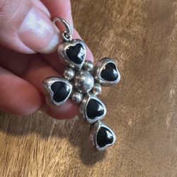 Vintage 925 Sterling Silver black onyx hearts cross pendant , marked 925 Mexico 🇲🇽