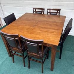 7-PC LARGE BROWN FINISH HIGH TOP DINING SET (TABLE AND 6 PADDED CHAIRS)