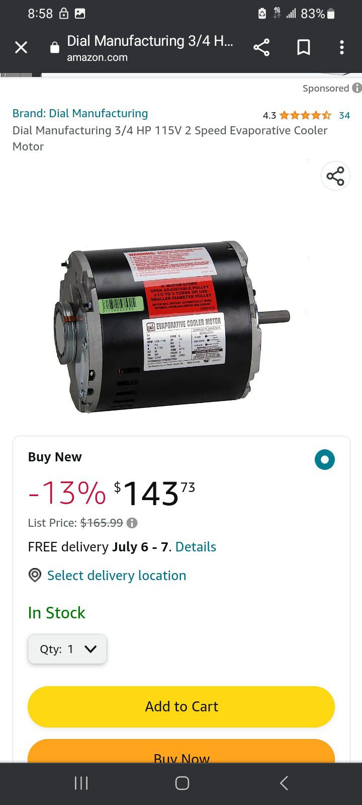Dial Manufacturing 3/4 HP 115V Speed Evaporative Cooler Motor $65 Each  for Sale in Norwalk, CA OfferUp