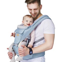 FRUITEAM 6-in-1 Baby Carrier with Waist Stool/Hip Seat for Breastfeeding, One Size Fits All - Adapt to Newborn, Infant & Toddler (Blue)