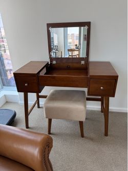 Mid Century Modern Flip-Top Vanity Table & Upholstered Stool Set