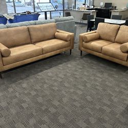 Modern Camel Faux Leather Sofa Set 