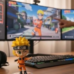 "Naruto Uzumaki" Chibi-style 3" Orange Outfit & Spiky Blonde Hair W/Stand Figure. 
This is a small chibi-style Naruto Uzumaki figure made of PVC plast