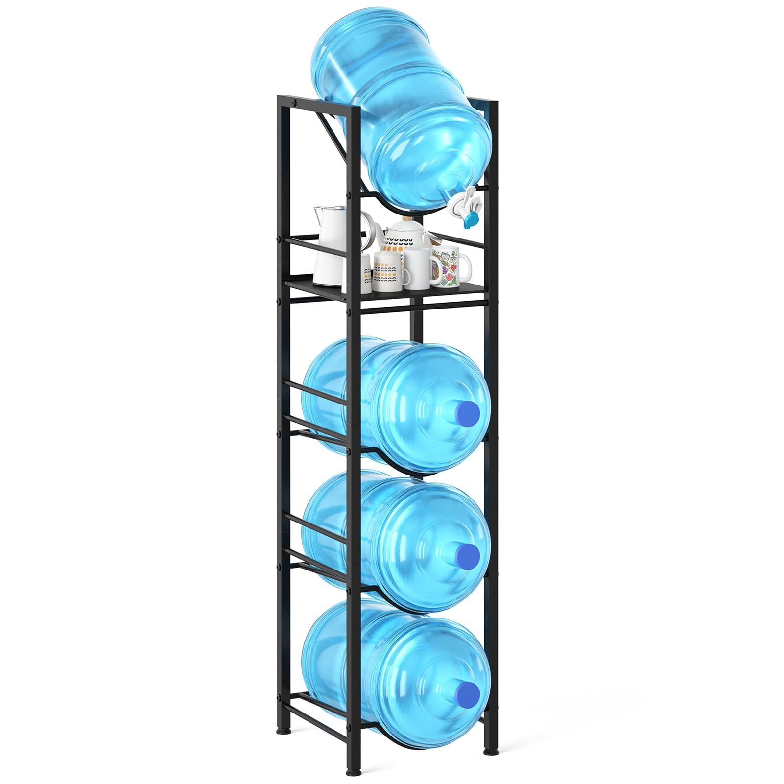 Eocnrhe 2-In-1 5 Gallon Water Jug Holder, 5 Tier Water Jug Stand Holder With 1 Dispenser Valves, 5 Gal Water Bottle Storage Rack Organizer For Kitchen