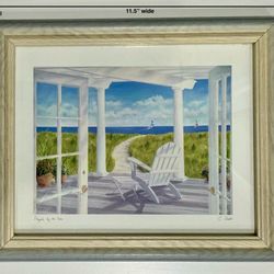 Shabby Gray & Tan Wood Framed Carol Saxe “Pergola By The Sea” Print