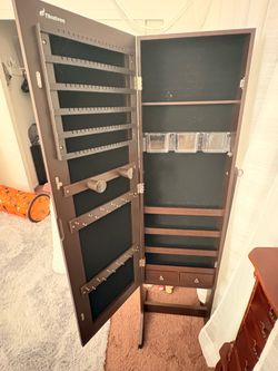 Jewelry Armoire Cabinet, Full Length Mirror w/ Velvet Storage Interior, Lock - Dark Brown
