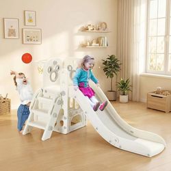 6 in 1 Toddler Slide, Kids Sturdy Slide with Basketball Hoop and Telescope, Non-Slip Steps, L-Shaped Baby Indoor and Outdoor Climber Playground Playse