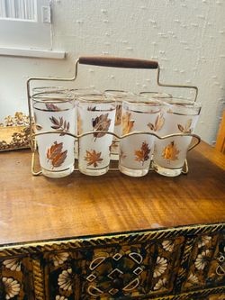 Mid Century Modern LIBBEY Golden Foliage glass w/ Caddy Set 8