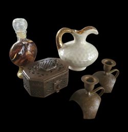 Vintage Brass & Ceramic Decor Lot - Decanter, Pitcher, Trinket Box & Candlesticks