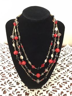 White House/Black Market  Vintage Three Strand Necklace.  Gold/Black Tone Chain. Red, Black and Clear Beads. Length: 17” - 19”
