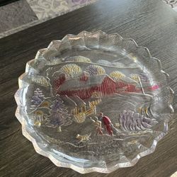 Christmas Platter plate 14" diameter raised trimmer sides, glass winter scene.
