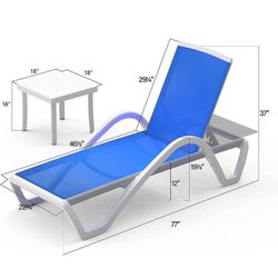 2 Pc - Blue Mesh Outdoor Patio Chaise Lounge Set (2 Chairs + Table)  [NEW] **Assembly Req** 