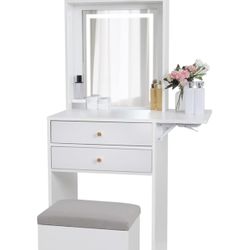 ARTETHYS Small Vanity Desk Set with 3 Adjustable Lighted Mirror and Storage Chair Mini Makeup Vanities Set for Compact Space White Dressing Table  