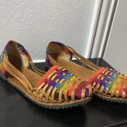 leather huarache sandals — handmade style with woven multicolor textile