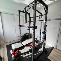 Home Gym Setup With Rack + Pulley + Rogue Bar + Plates + Bench + Wedge