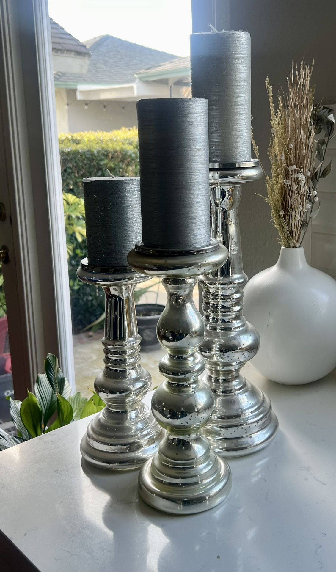 Set Of Three Silver Candle Holders With Candles 