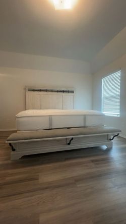 King Size Farmhouse Bed Frame with Upholstered Bench & Plush Mattress - Like New!