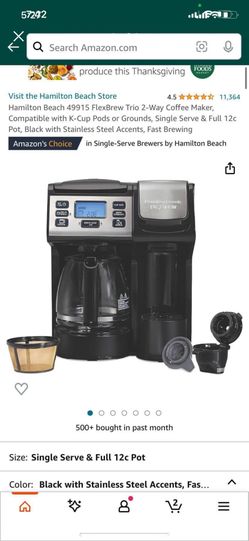 Hamilton Beach 49915 FlexBrew Trio 2-Way Coffee Maker, Compatible with  K-Cup Pods or Grounds, Single Serve & Full 12c Pot, Black with Stainless  Steel Accents, Fast Brewing 