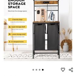 Laundry Hamper with Power Outlet 28.7" l X 13" w 61.2" h Black Metal Wood Finish Adjustable Shelving