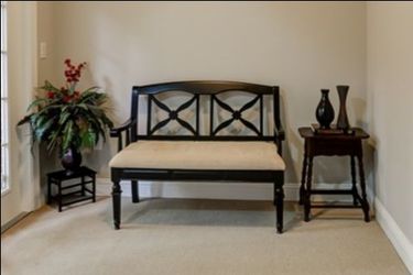 Weathered Black Wooden Entryway Bench with Oatmeal Cushion