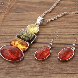 Fashion Women Amber Party Necklace Earrings Jewelry Set