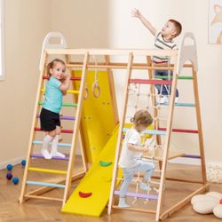 8-in-1 Wooden Jungle Gym Playset with Slide and Monkey Bars
