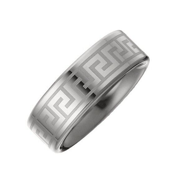 Size 8 Greek Key Etched Beveled Tungsten Carbide Comfort Fit Wedding Ring