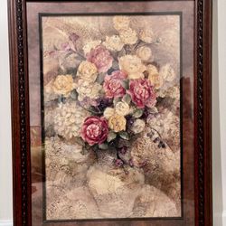Floral painting in glass and wooden frame 38 x 28.5