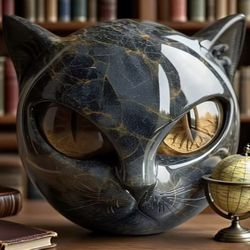 Decorative Black Cat Stone Figurine Resin Cat Head Healing Stone Marble Texture Cat Stone Keepsake Gift Office Desk Cats Decor