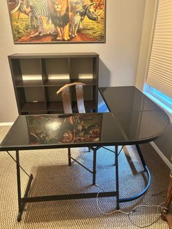 Corner Glass Desk and Rustic Chair