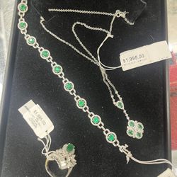 Natural 14K 18k white gold Emerald & Diamond Necklace Ring Bracelet Set WG DIA