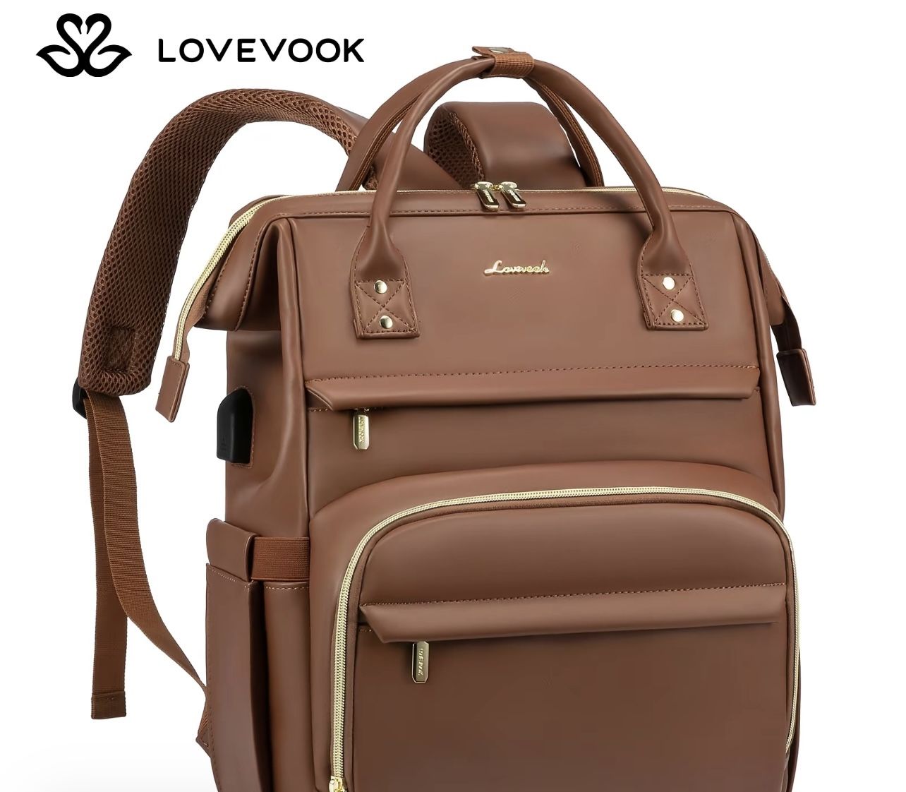 Laptop Backpack with USB Port for Women, Brown, 17.3” - 17.5”L x 12.5”H x 8”W