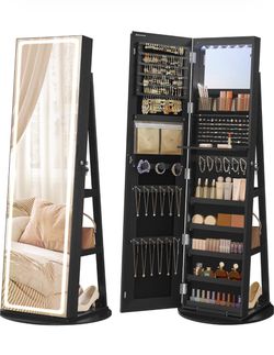 LED Mirror Jewelry Cabinet Standing, Adjustable Lights, Lockable Jewelry Armoire with Full-Length Mirror, Mirror with Jewelry Storage, Gift Idea, Ink
