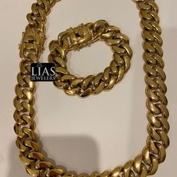 New 18k Yellow Gold Filled Cuban Link Chain And Bracelet 
