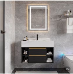 Modern 31.5" Floating Single Bathroom Vanity With Sink In Black, Sintered Stone Top