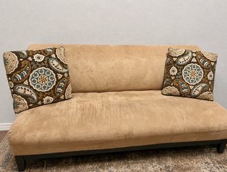Tan Microfiber Couch with Pillows – 76”