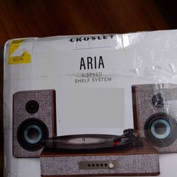 Crosley CR7020A-GY Aria 3-Speed Bluetooth Turntable and FM Radio Shelf System with Matching Stereo Speakers, Gray